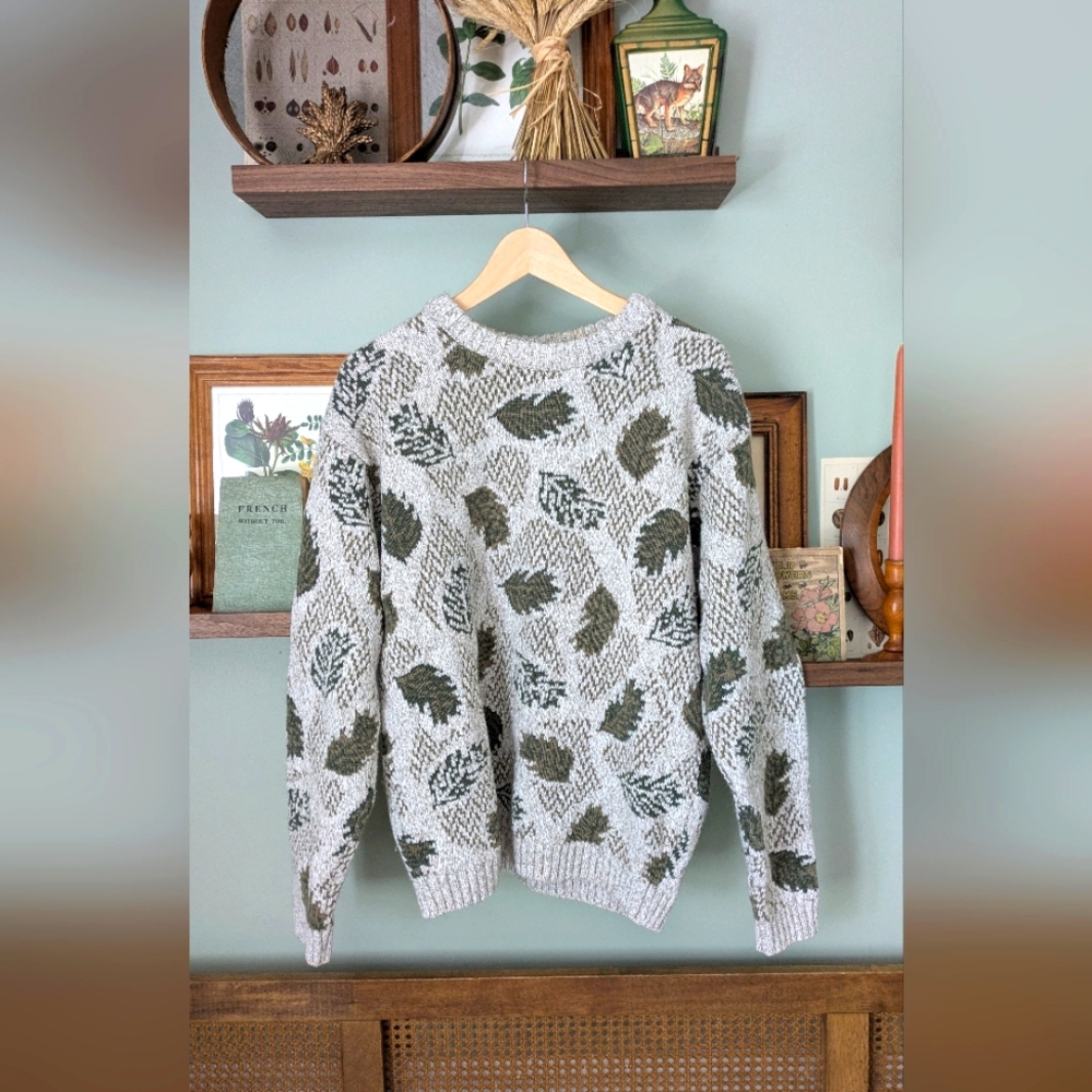 Vintage Autumn Leaves Pattern Grandpa  Sweater (Made In Canada!)